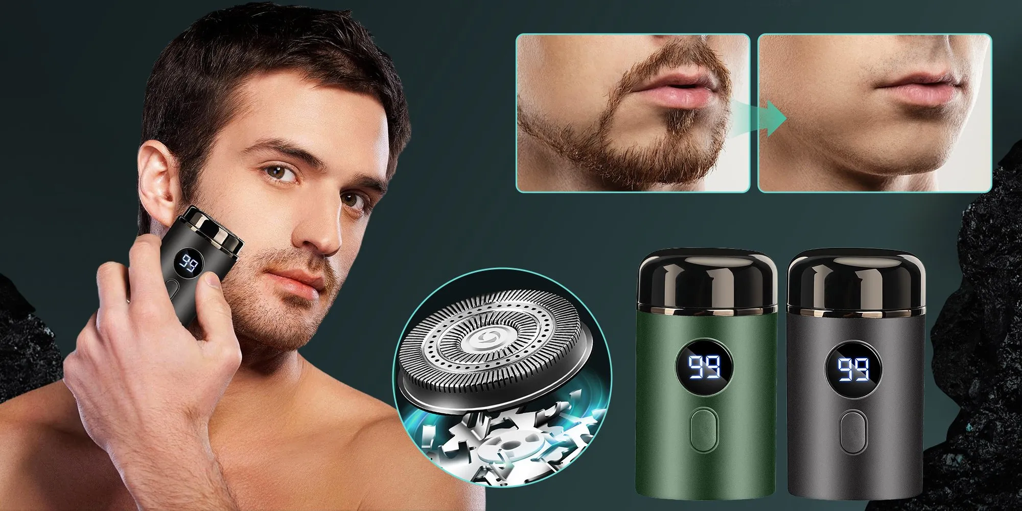 Mini portable electric shaver in use with before-and-after shave comparison and two color finishes