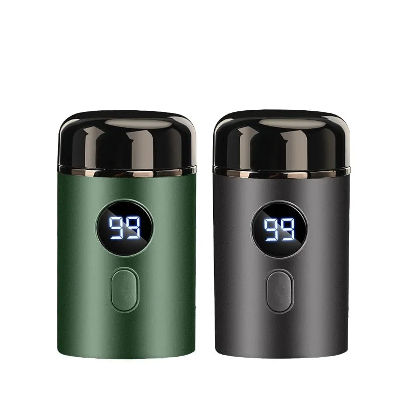 Mini portable electric shaver in Stellar Silver and Avocado Green with LED display