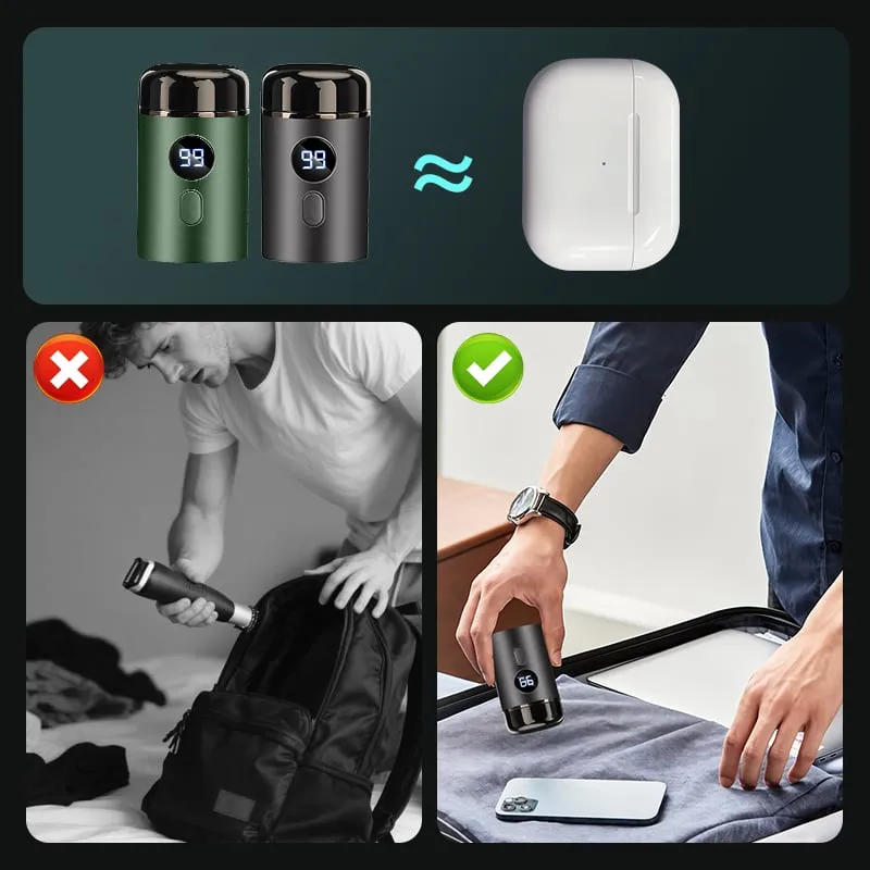 Big shaver crossed out versus the mini shaver packed alongside luggage and phone