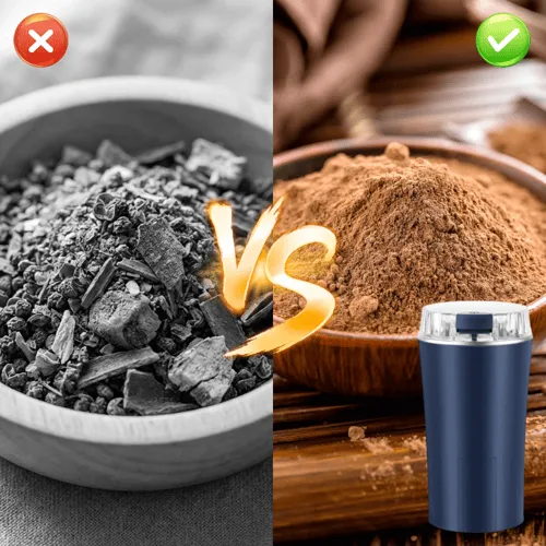 Before and after — chunky uneven grinding vs superfine uniform powder