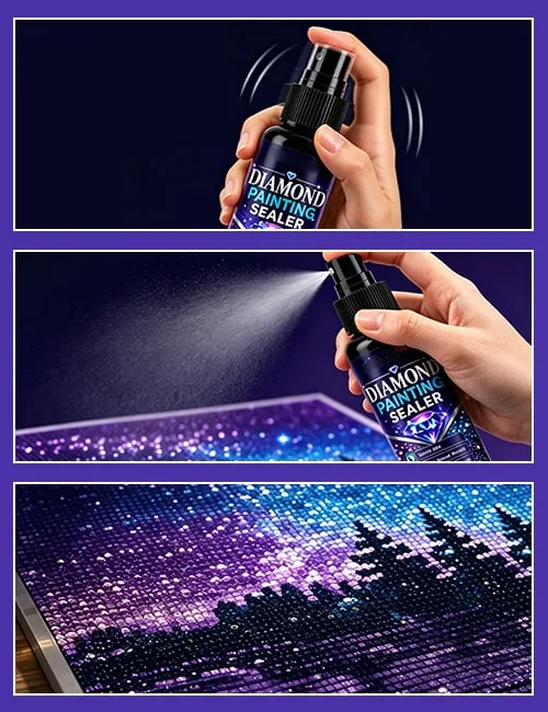 Three-step diamond painting sealing process: spray, mist, finished sparkle