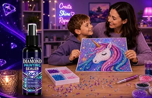 Mother and child crafting together with a finished unicorn diamond painting