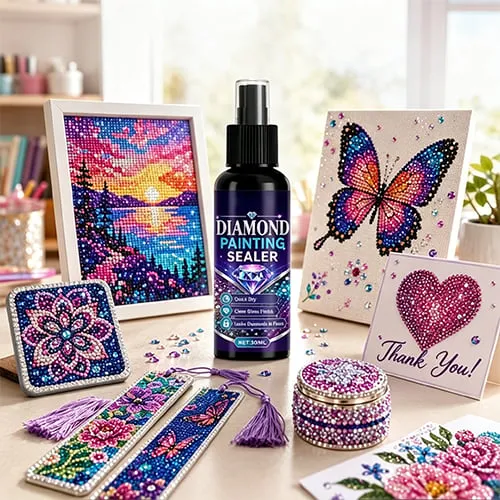 Finished diamond painting keepsakes — framed art, bookmarks, cards and gifts