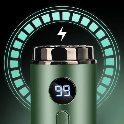 Avocado Green mini shaver with LED battery display on dark background